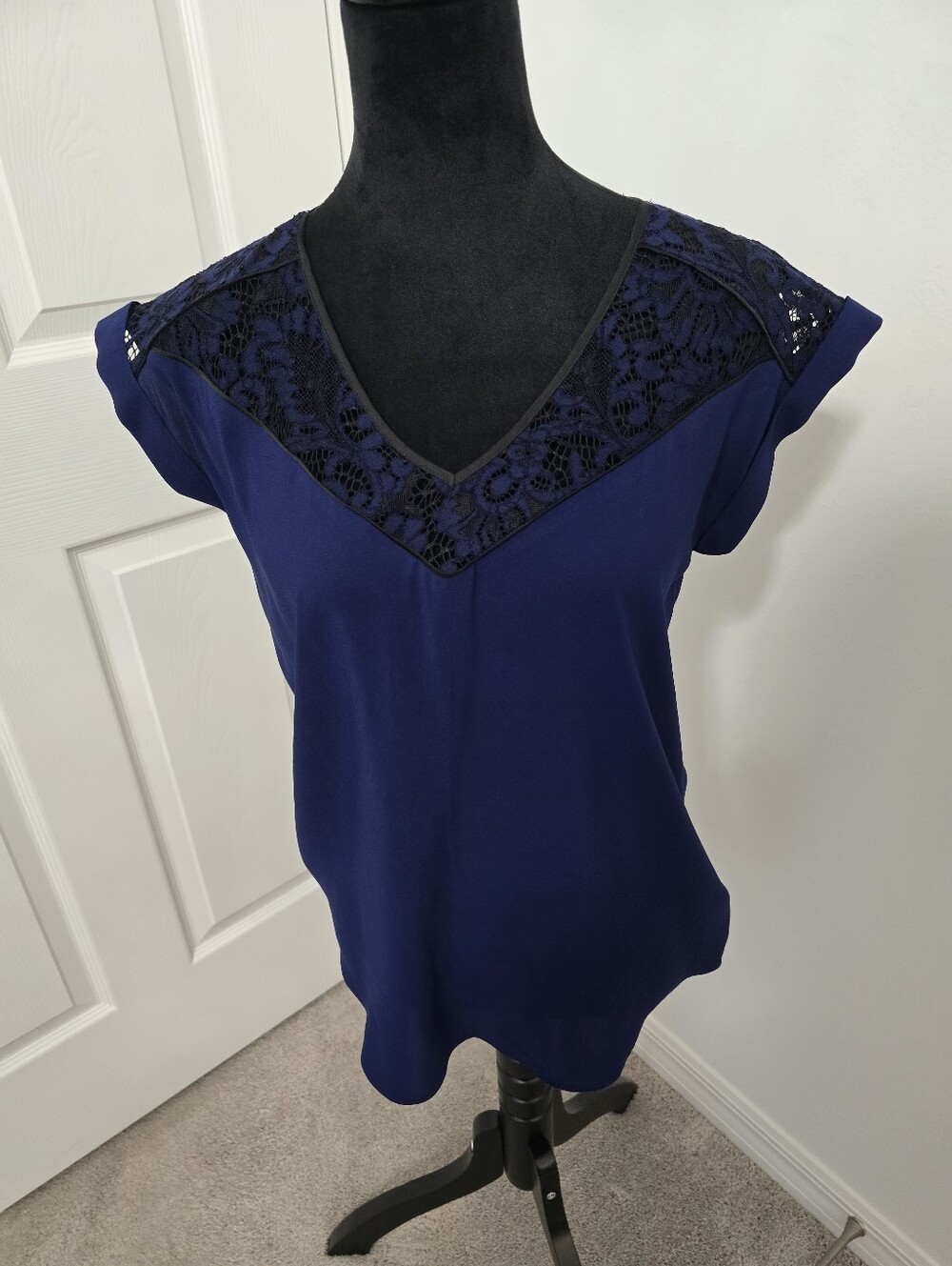 Express Navy Lace Yoke Cap Sleeve Blouse